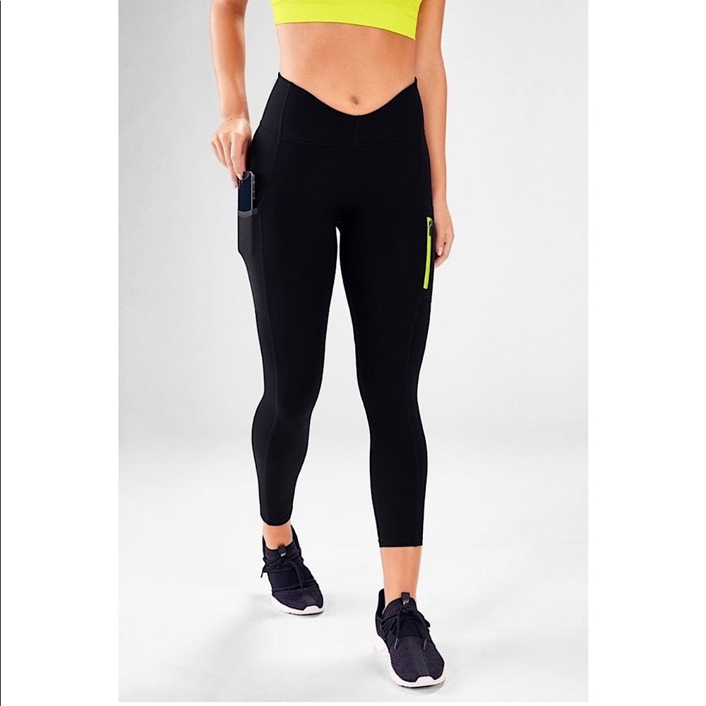 Fabletics Motion 365 Thick Black & Citron Athletic Yoga Pants Workout Leggings S - Picture 1 of 10